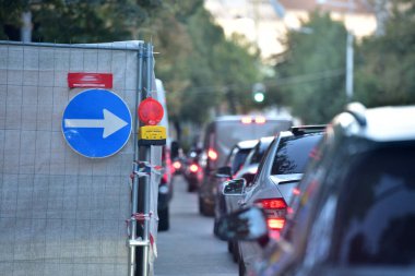 Traffic jam in front of a construction site in Vienna, Austria