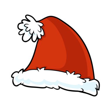 Çocuklar için çizgi film çizimi, kırmızı Noel şapkası. Beyaz arkaplanda izole edilmiş başlık