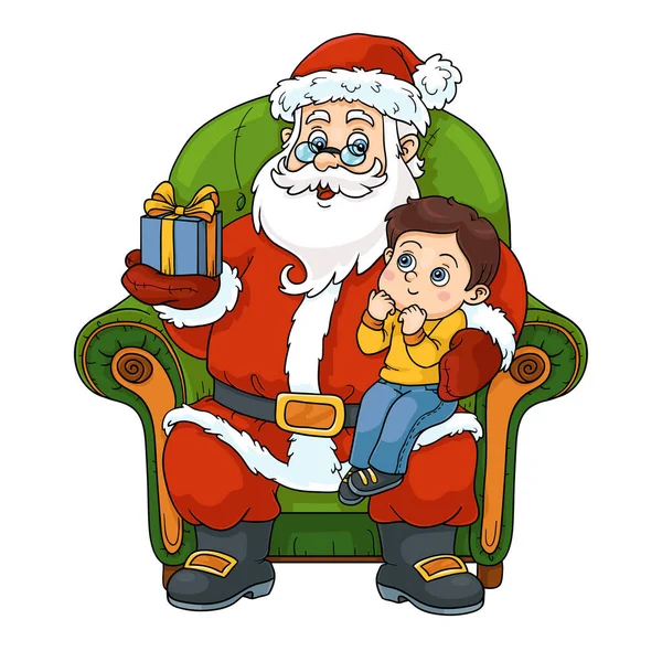 아이들을 크리스마스 산타클로스가 의자에 소년에게 선물을 배경에 별개의 천연색 이미지 — 스톡 벡터