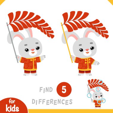 Farklılık bulun, çocuklar için eğitici bir oyun, Tavşan ve Çin Yeni Yıl dekorasyonu