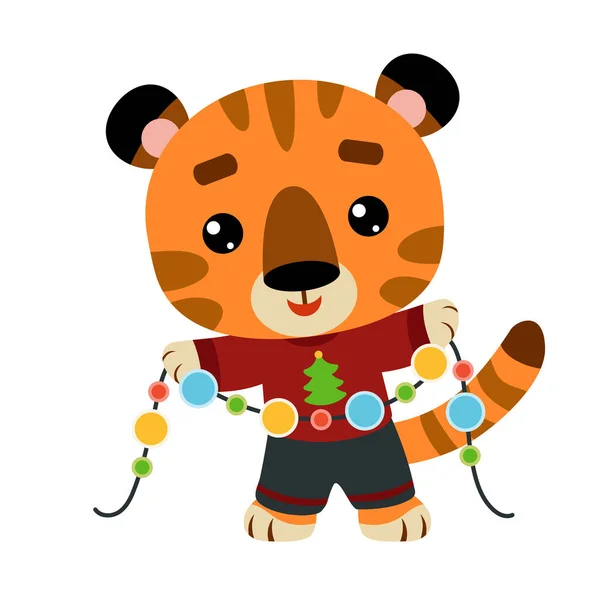Ilustracja Wektor Kreskówek Dla Dzieci Boże Narodzenie Znak Tygrys Girlanda — Wektor stockowy
