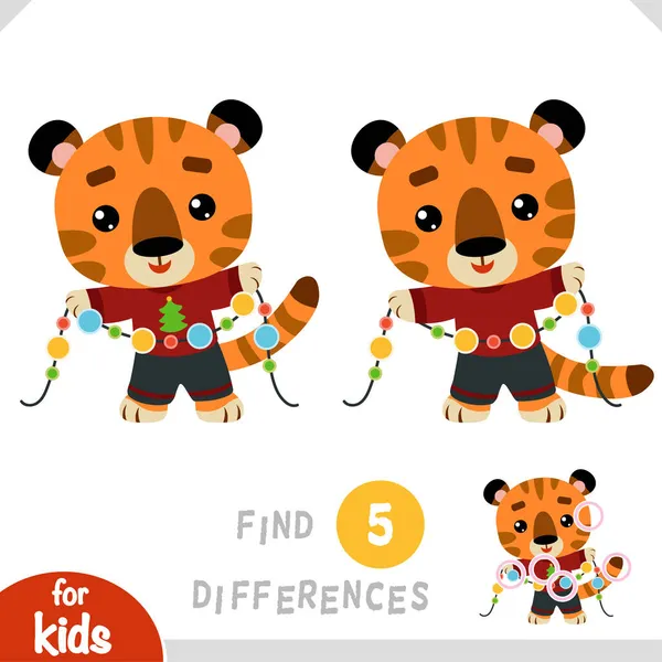 Trova Differenze Gioco Educativo Bambini Personaggio Natale Tigre Ghirlanda — Vettoriale Stock