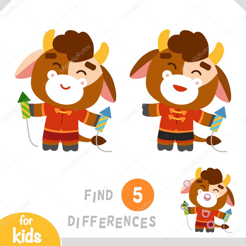 Find differences, educational game for children, Ox and fireworks