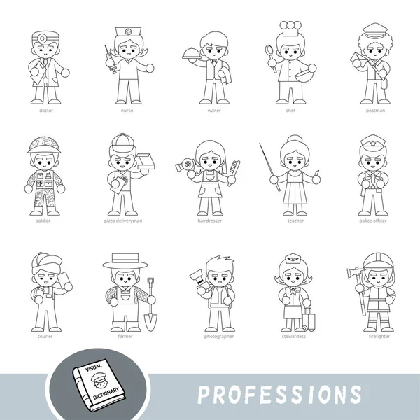 Ensemble Professions Noir Blanc Dictionnaire Visuel Pour Les Enfants Sur — Image vectorielle