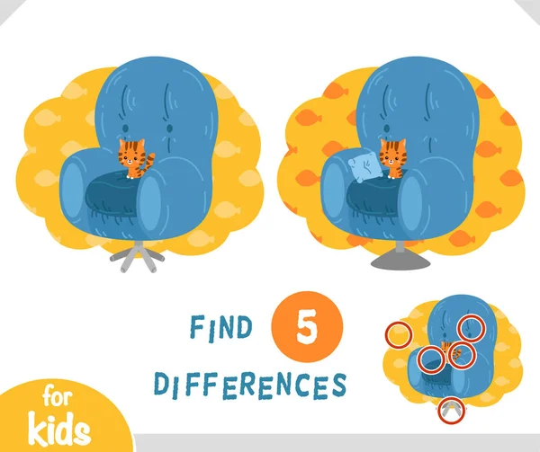 Keresse Különbségek Oktatási Játék Gyerekeknek Rajzfilm Aranyos Karakter Macska Karosszék — Stock Vector
