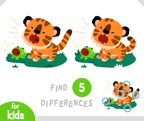 Finden Sie Unterschiede Lernspiel Für Kinder Zeichentrickfiguren Tiger Und Frösche — Stockvektor