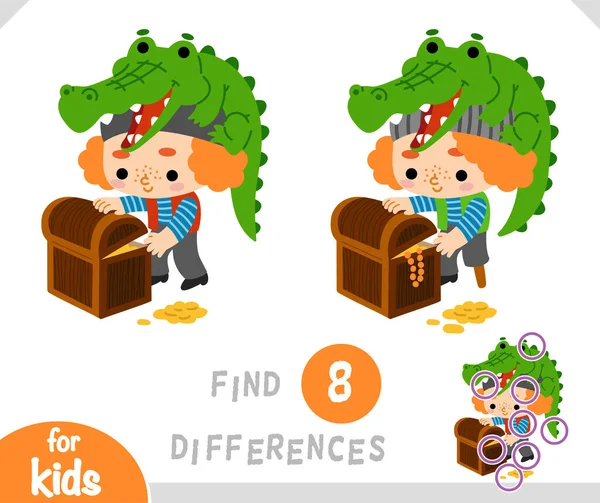 Encontre Diferenças Jogo Educativo Para Crianças Cartoon Personagem Pirata Crocodilo — Vetor de Stock