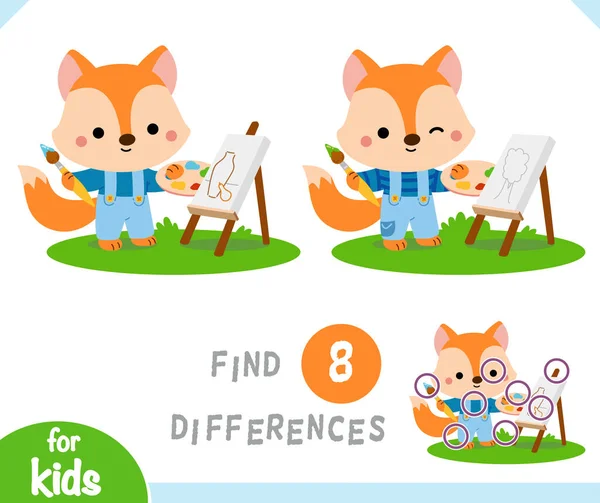 Finden Sie Unterschiede Lernspiel Für Kinder Cartoon Charakter Fuchs Künstler — Stockvektor