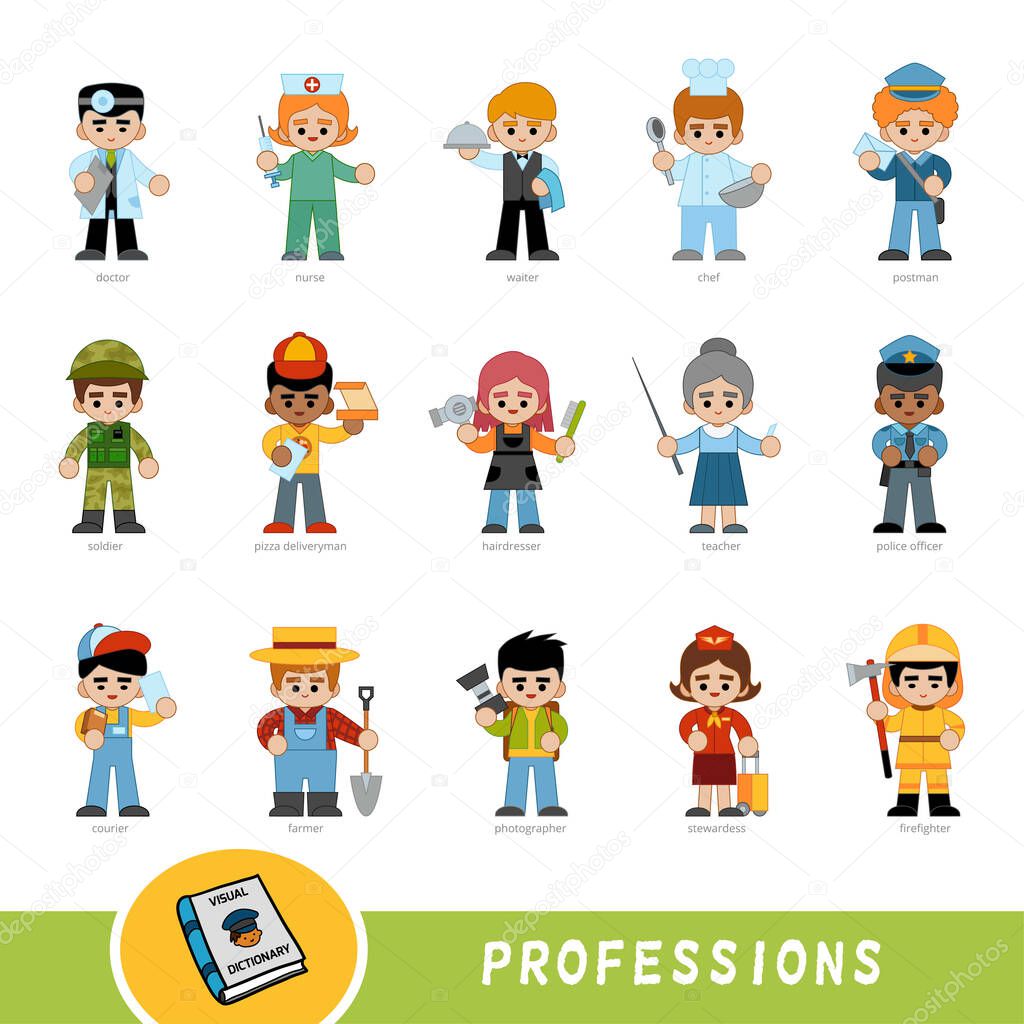 Colorful set of professions. Visual dictionary for children about professional occupation. Cartoon set of color characters
