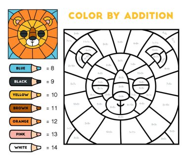 Color by addition, education game for children, Lion clipart