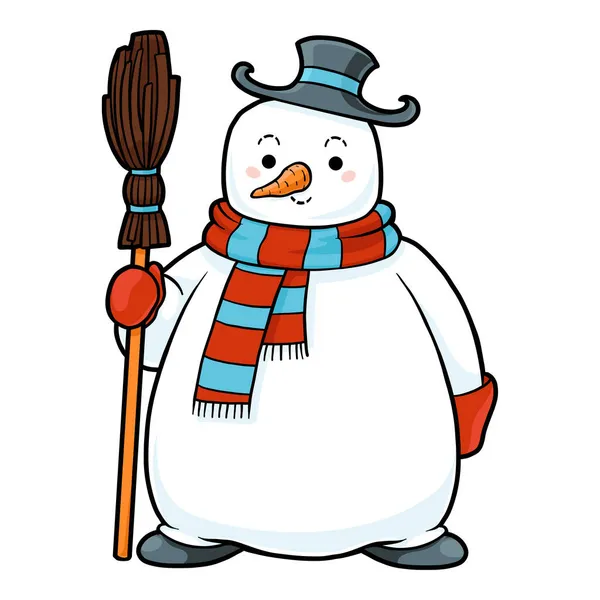 Color Illustration Children Cartoon Cute Character Snowman Broom — Stock Vector