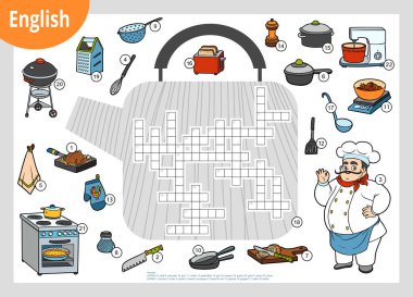 İngilizce vektör renkli bulmaca, çocuklar için eğitim oyunu. Aşçı ve mutfak eşyaları.