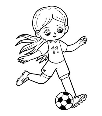 Çocuklar için boyama kitabı, elinde top olan futbolcu kız.