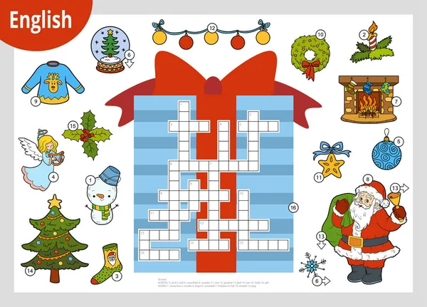 英語でベクトルカラフルなクロスワード 子供のための教育ゲーム サンタクロースとクリスマスのオブジェ — ストックベクタ