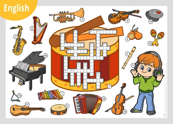 Vector Crucigrama Colorido Inglés Juego Educación Para Niños Muchacho Dibujos — Vector de stock