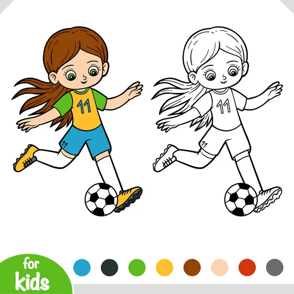 Libro Colorare Bambini Giocatrice Calcio Ragazza Con Una Palla — Vettoriale Stock