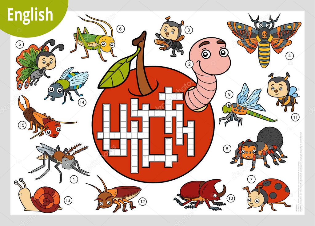 Vector colorful crossword in English, education game for children. Cartoon set of insects and little animals