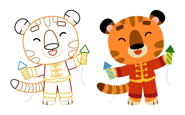 Βιβλίο Ζωγραφικής Για Παιδιά Τίγρη Και Πυροτεχνήματα — Διανυσματικό Αρχείο