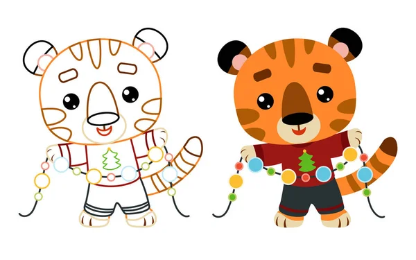 Χρωματισμός Βιβλίο Για Παιδιά Τίγρης Χαρακτήρα Χριστούγεννα Και Γιρλάντα — Διανυσματικό Αρχείο