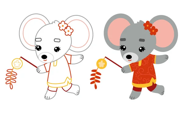 Coloring Book Children Rat Chinese New Year Decoration — Stock Vector