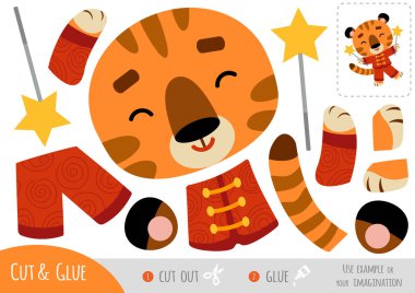 Çocuklar, kaplanlar ve maytaplar için eğitim kağıdı oyunu. Resmi oluşturmak için makas ve yapıştırıcı kullanın.