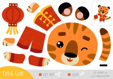 Çocuklar için eğitim kâğıdı oyunu, Kaplan ve Çin feneri. Resmi oluşturmak için makas ve yapıştırıcı kullanın.