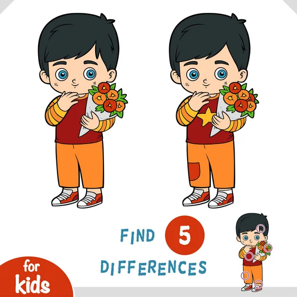 違いを見つける 子供のための教育ゲーム 男の子と花の花束 — ストックベクタ