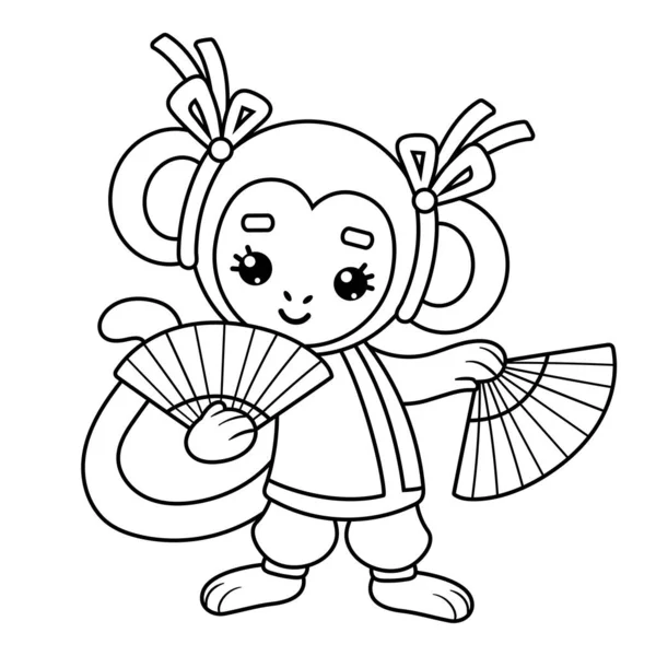 Книга Раскраска Детей Китайская Новогодняя Обезьяна Фанаты — стоковый вектор