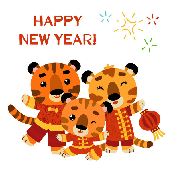 Cartoon vector illustration for children, Chinese New Year Characters. Three tigers