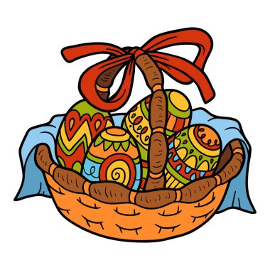 Çocuklar için çizgi film vektör çizimi, renkli yumurtalarla dolu Paskalya sepeti