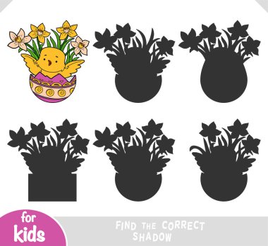Doğru gölgeyi bul, çocuklar için eğitim oyunu, Paskalya illüstrasyonu. Küçük kuş, renkli yumurta ve çiçekler