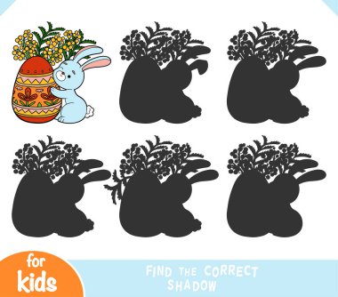 Doğru gölgeyi bul, çocuklar için eğitim oyunu, Paskalya illüstrasyonu. Tavşan, yumurta ve mimoza çiçeği.