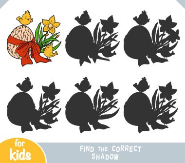 Doğru gölgeyi bul, çocuklar için eğitim oyunu, Paskalya İlkokulu. Küçük kuşlar, renkli yumurta ve çiçekler