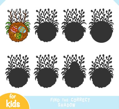 Doğru gölgeyi bul, çocuklar için eğitim oyunu, Paskalya illüstrasyonu. Kuşlar yuva yapar, renkli yumurtalar ve söğütler