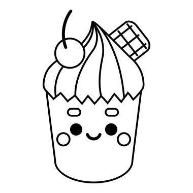 Çocuklar için boyama kitabı, tatlı yüzlü kek ve kiraz.