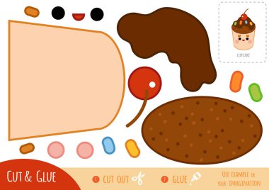 Education paper game for children, Chocolate cupcake with a cute face. Use scissors and glue to create the image.