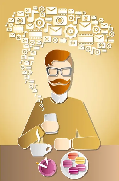 Hipster in café using his iphone — Stock Vector