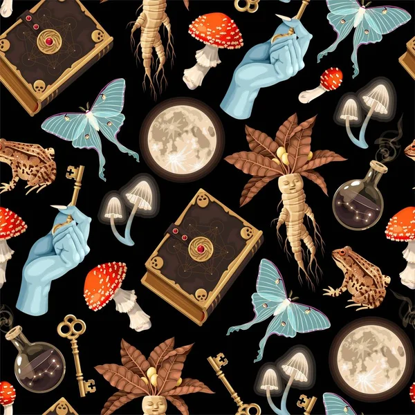 Patrón mágico sin costuras con suministro para brujería Ilustraciones De Stock Sin Royalties Gratis