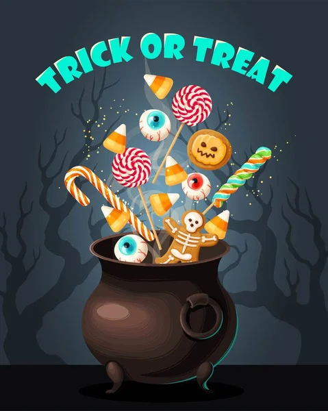Vector-Halloween-Karte wird Hexenkessel voller Süßigkeiten — Stockvektor