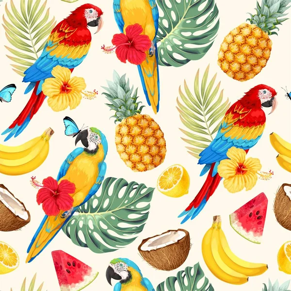 Vector seamless pattern with macaw and palm leaves — Stock Vector