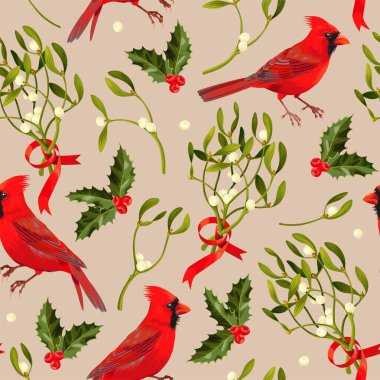 Kuşlar, ökseotu ve çobanpüskülü kusursuz desenler.