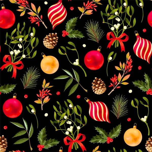 Patrón con bolas de Navidad y flora de invierno — Vector de stock