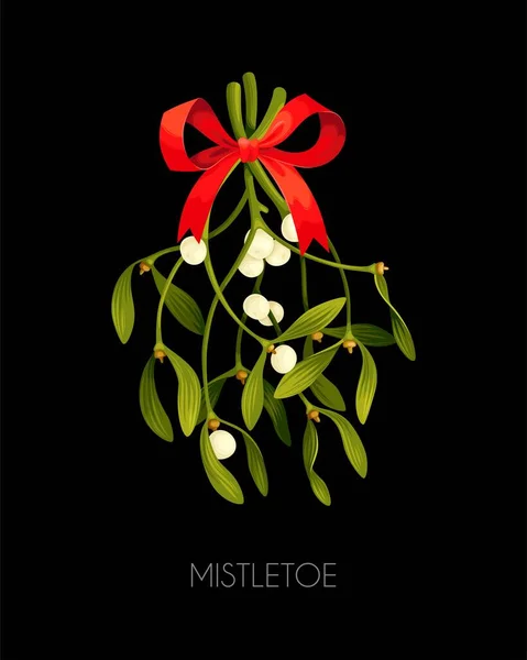 Mistletoe avec noeud rouge sur fond noir — Image vectorielle