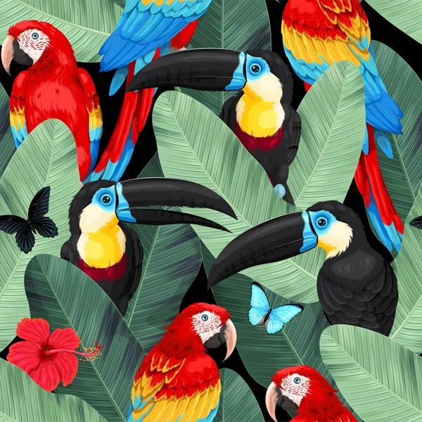 Motif vectoriel sans couture avec aras et toucan — Image vectorielle