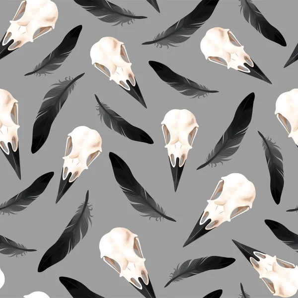 Seamless pattern of raven skulls and feathers — Stock Vector