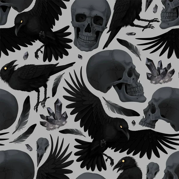 Векторный бесшовный рисунок с воронами и черепами — стоковый вектор