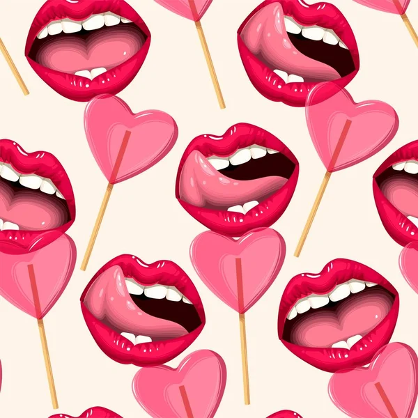 唇とロリポップとベクトルシームレスパターン — ストックベクタ