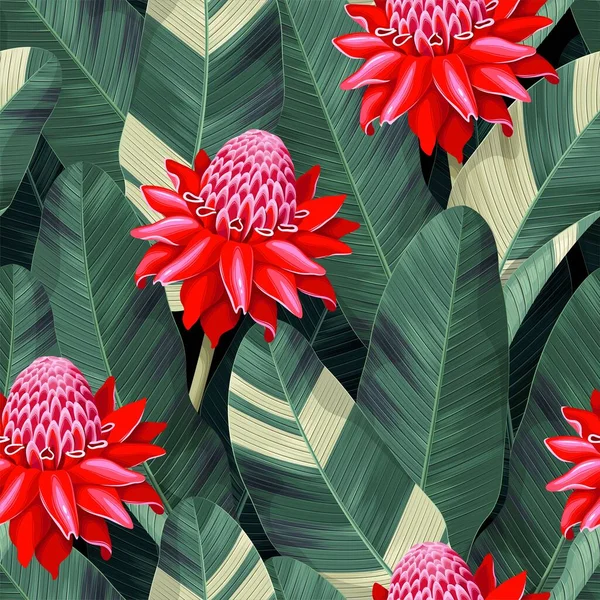 Modèle vectoriel sans couture avec des fleurs et des feuilles de palmier — Image vectorielle