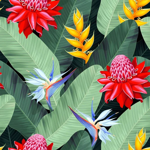 Modèle vectoriel sans couture avec des fleurs et des feuilles de palmier — Image vectorielle