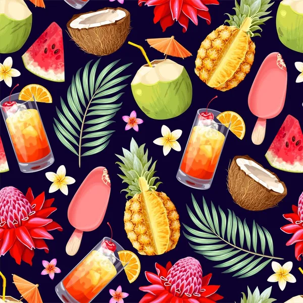 Tropical cocktail and palm leaves seamless pattern — Stock Vector